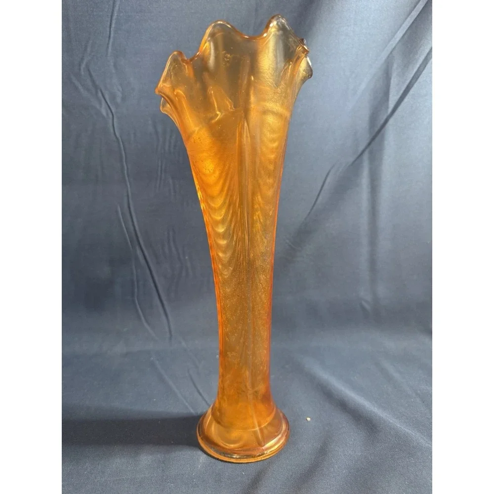 VTG 1950s Imperial Marigold Carnival Glass Vase Ripple Pattern 10
